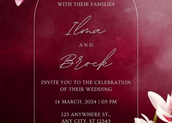 Free Editable Burgundy Magnolia Pink Red Wedding Invitation
