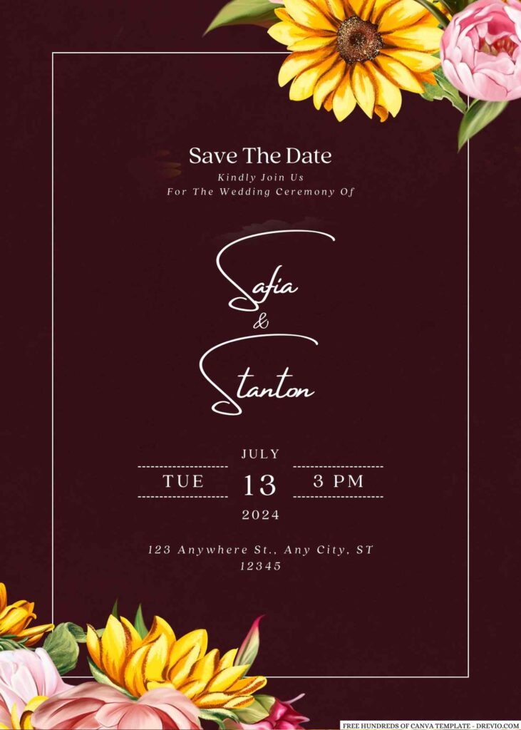 Free Editable Burgundy Sunflower Blush Peony Wedding Invitation