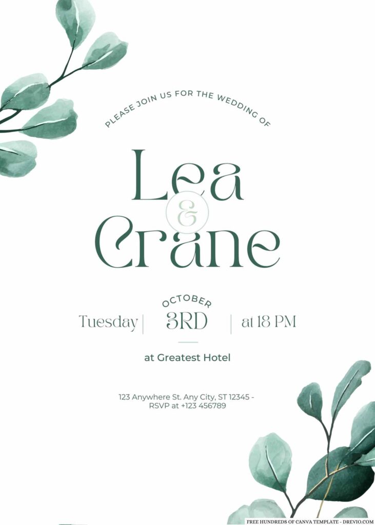 Watercolor Eucalyptus Greenery Canva Wedding Invitation Templates