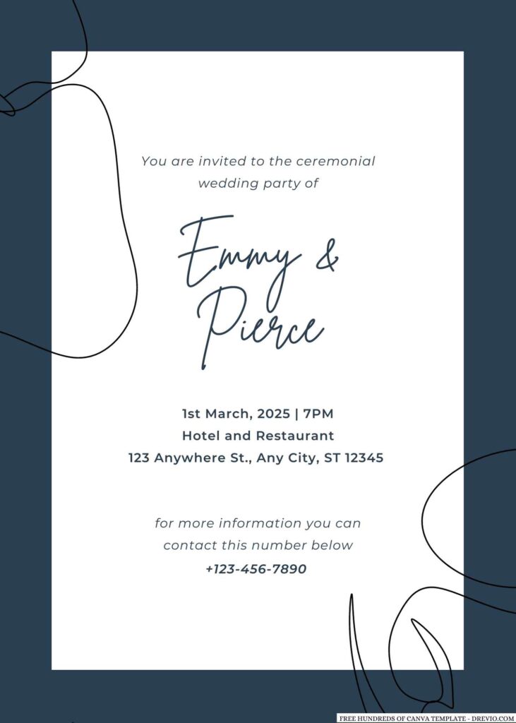 Free Editable Navy Blue Art Illustration Wedding Invitation