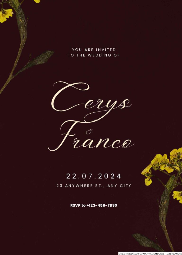 Free Editable Burgundy Pressed Yellow Flower Wedding Invitation