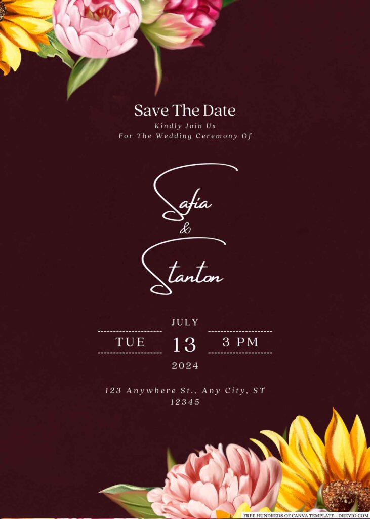 Free Editable Burgundy Sunflower Blush Peony Wedding Invitation