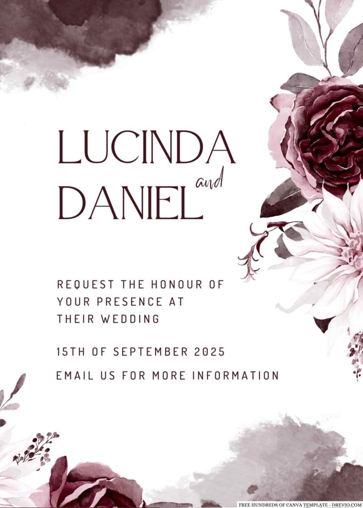 Free Editable Watercolor White Burgundy Flower Wedding Invitation