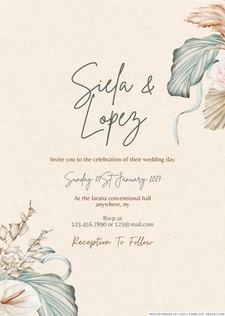 Free Editable Rustic Dried Tropical Green Wedding Invitation