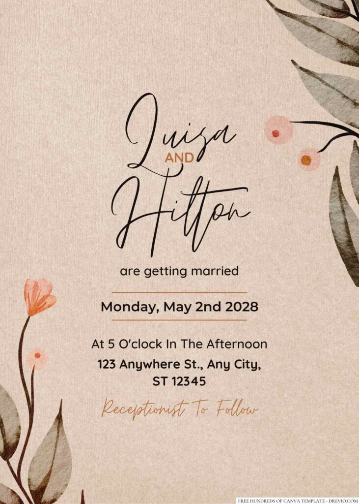Free Editable Rustic Watercolor Green Dried Leaves Wedding Invitation