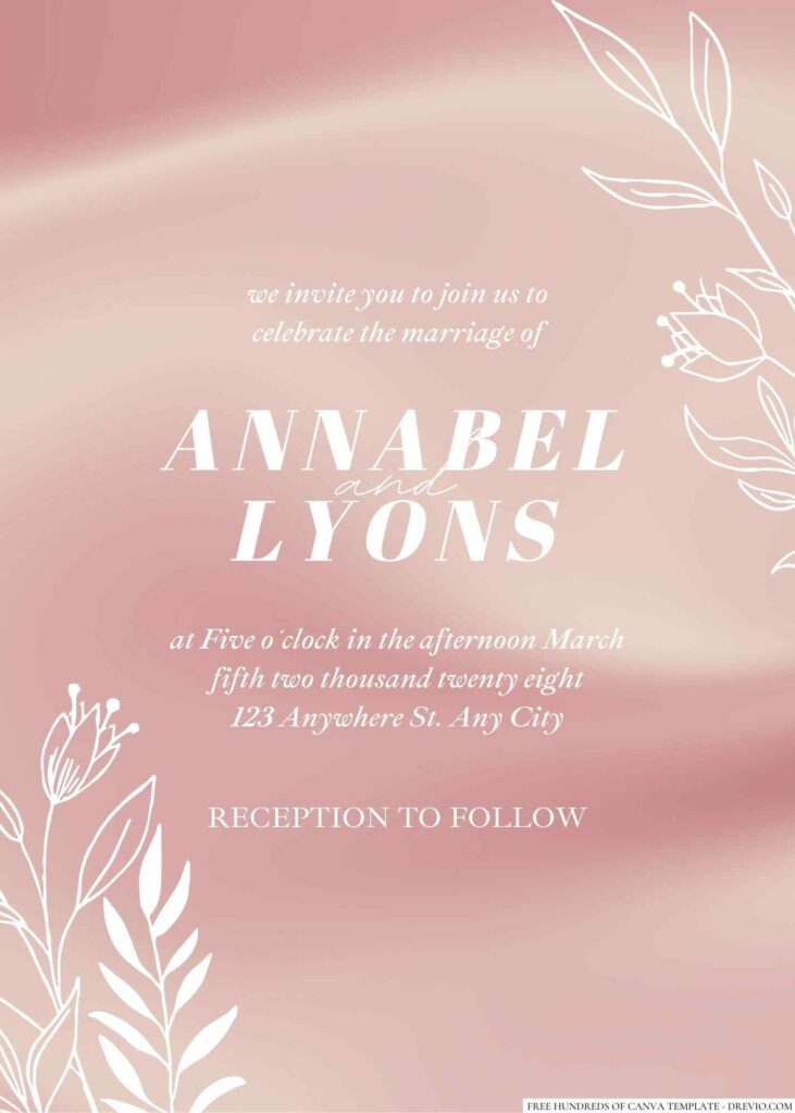 Free Editable Rose Gold Line Floral White Wedding Invitation