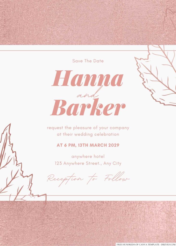 Free Editable Leaves Illustration Rose Gold Wedding Invitation