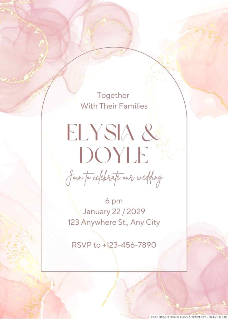Free Editable Rose Gold Pink Alcohol Ink Wedding Invitation