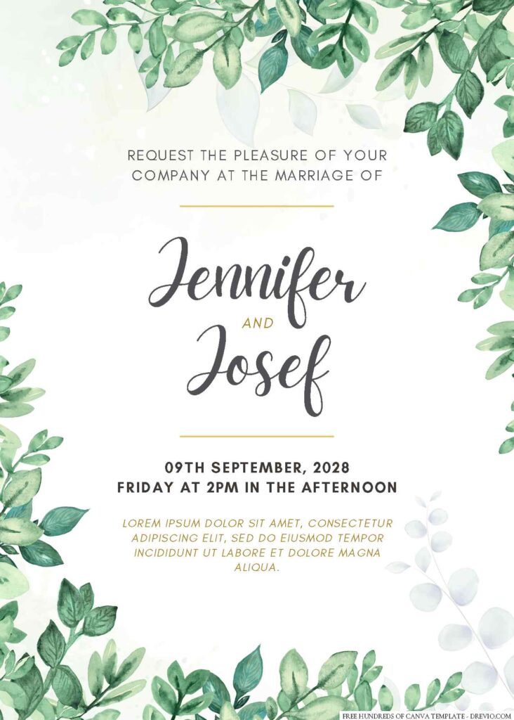 Free Editable Minimalist Greenery Floral Watercolor Wedding Invitation