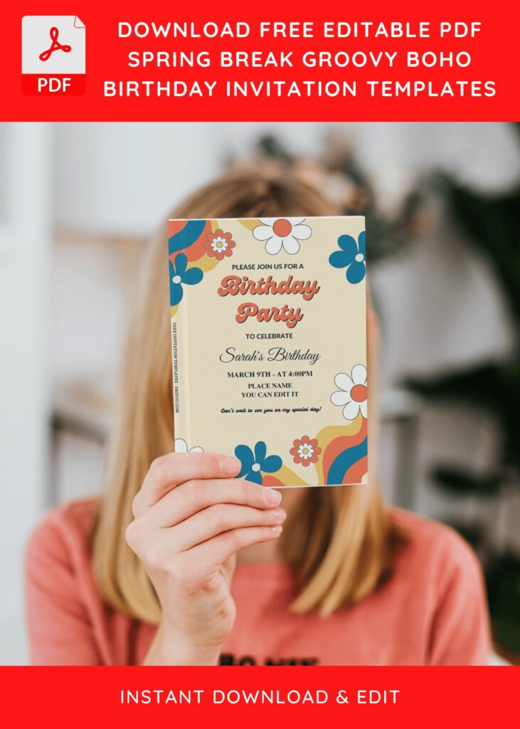 (Free Editable PDF) Groovy Summer Boho Daisy Birthday Invitation Templates G