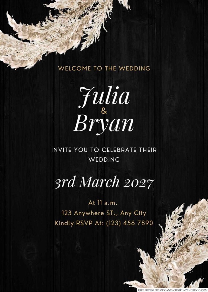 Free Editable Wood Watercolor Pampass Grass Floral Wedding Invitation