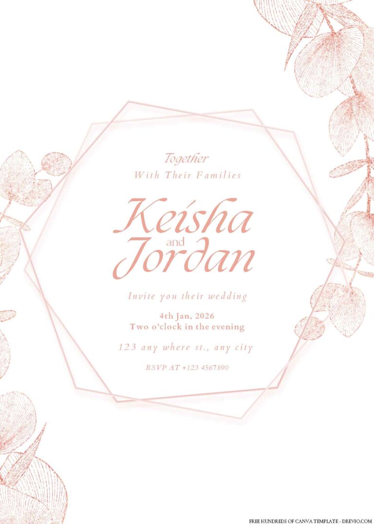 Free Editable Rose Gold Eucalyptus Leaf Wedding Invitation