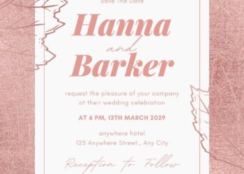 Free Editable Leaves Illustration Rose Gold Wedding Invitation