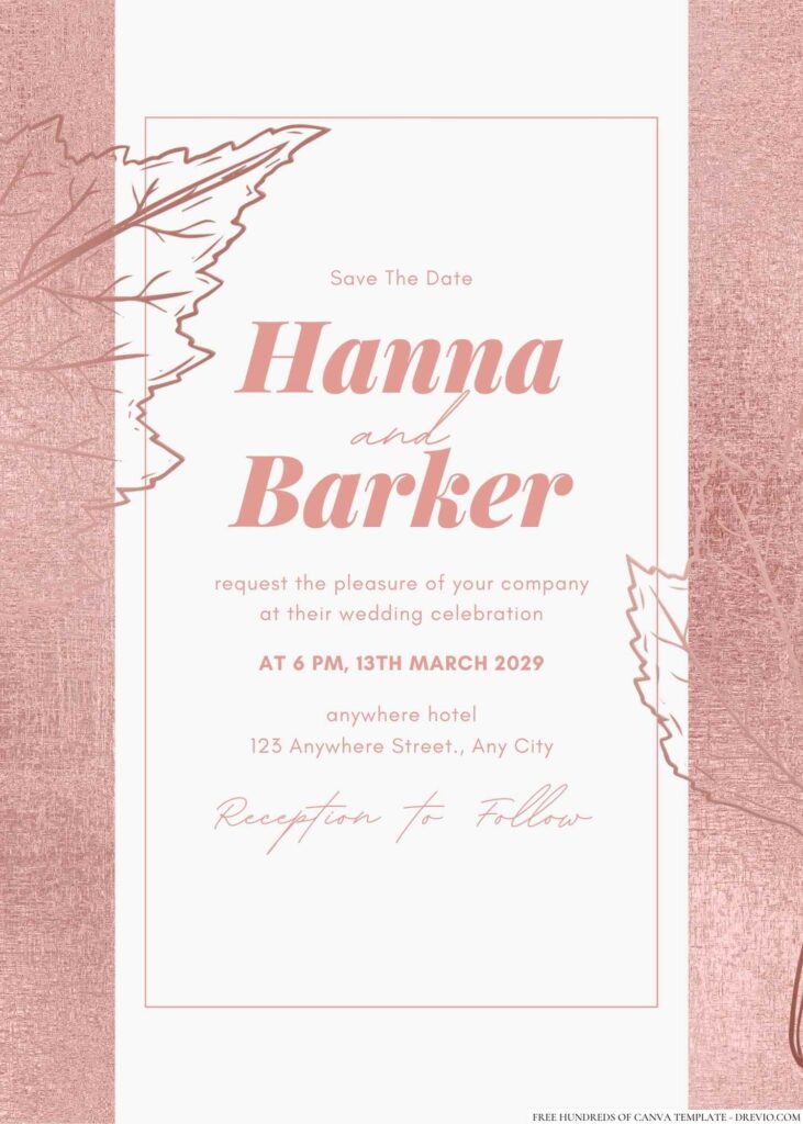 Free Editable Leaves Illustration Rose Gold Wedding Invitation