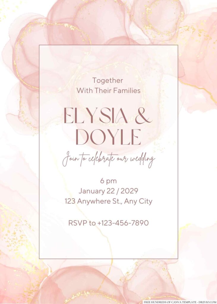 Free Editable Rose Gold Pink Alcohol Ink Wedding Invitation