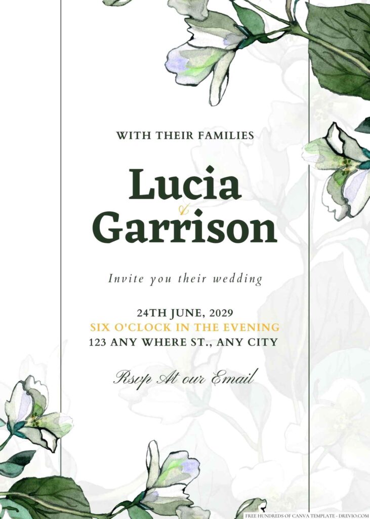 Free Editable Minimalist Greenery Jasmine Floral Wedding Invitation
