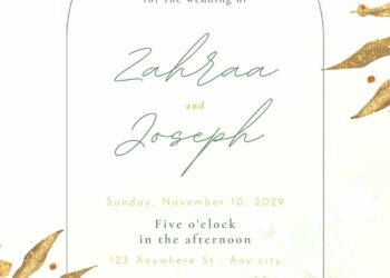 Free Editable Minimalist Greenery Gold Leaves Wedding Invitation