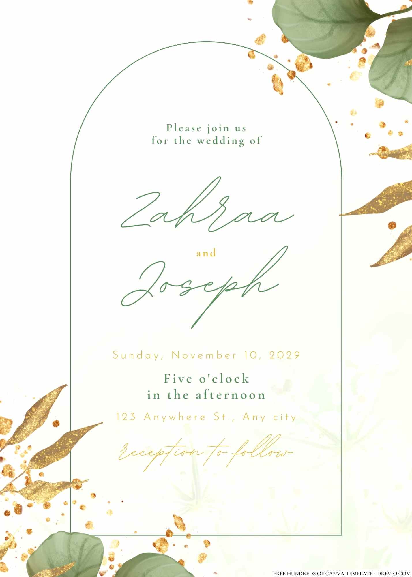 18+ Minimalist Greenery Gold Leaves Canva Wedding Invitation Templates 