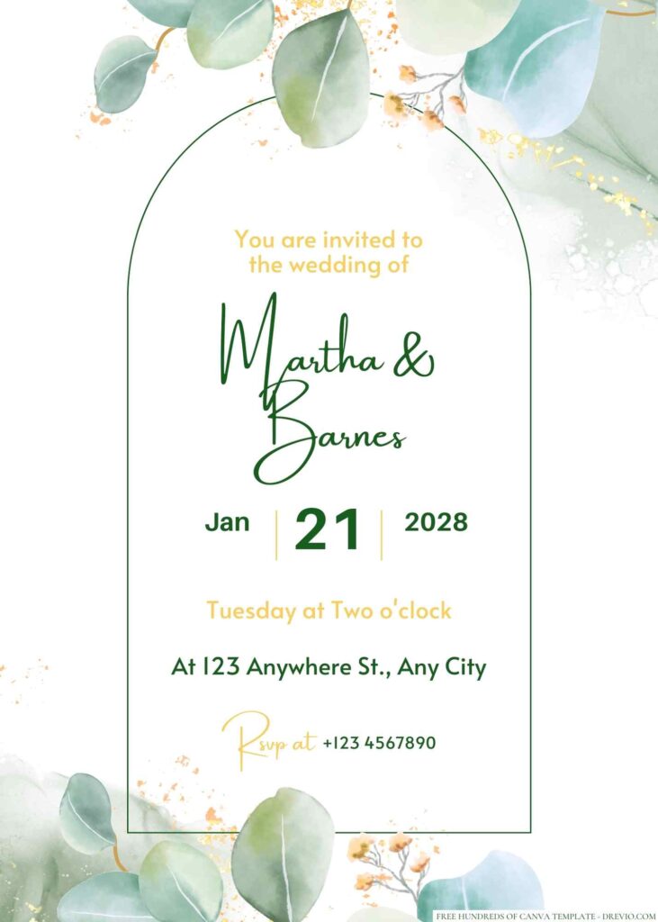 Free Editable Minimalist Greenery Dark Leaves Wedding Invitation