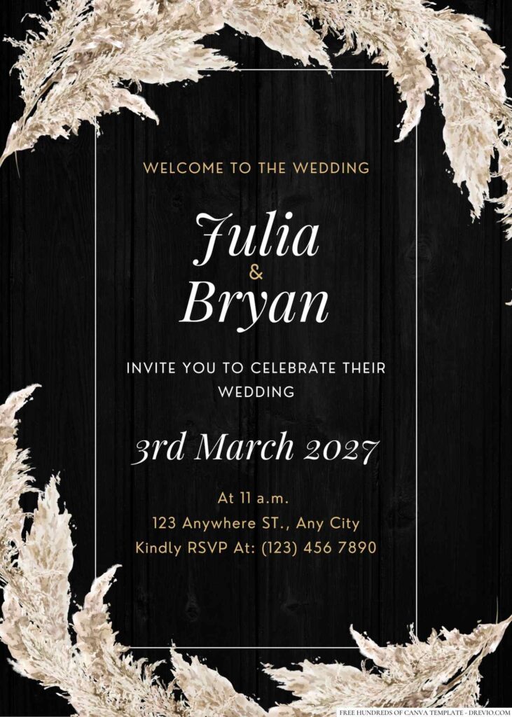 Free Editable Wood Watercolor Pampass Grass Floral Wedding Invitation