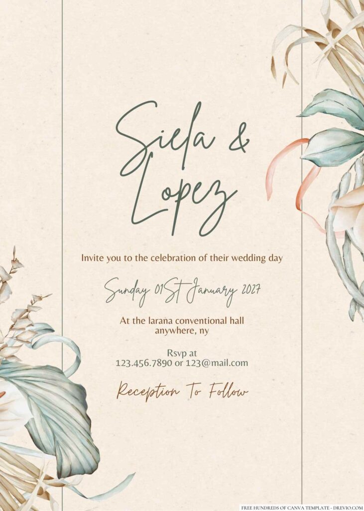 Free Editable Rustic Dried Tropical Green Wedding Invitation