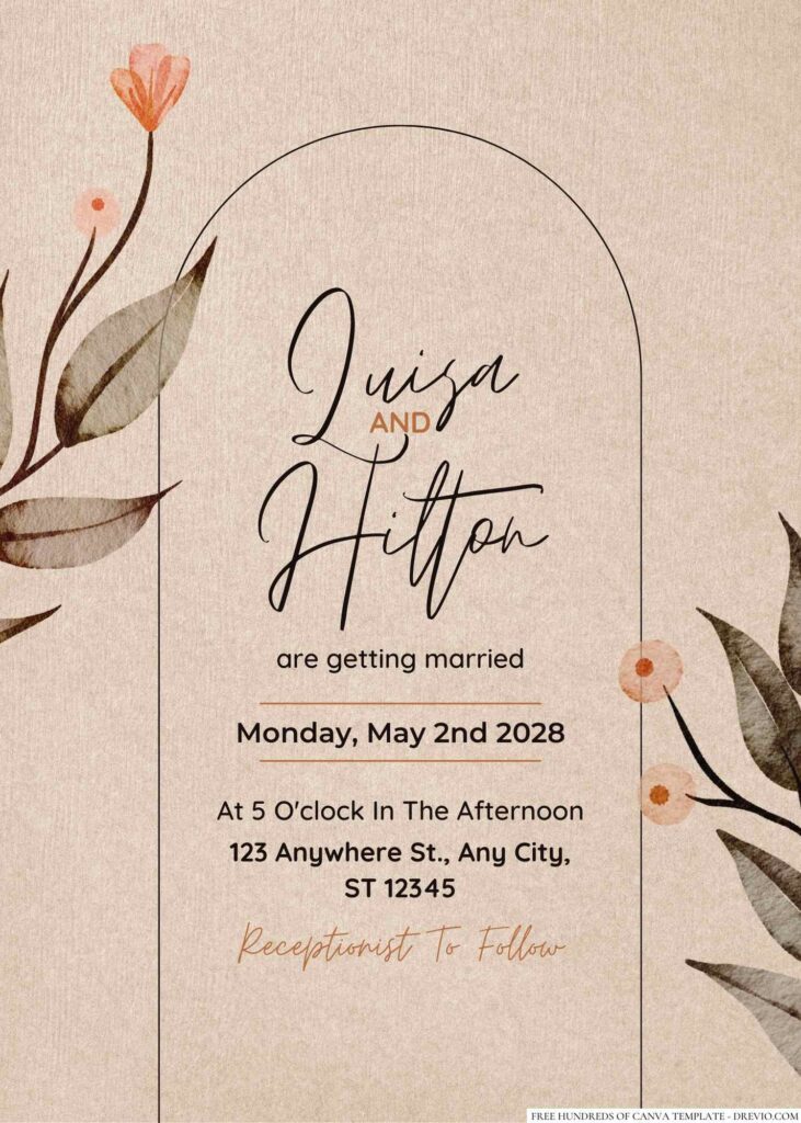 Free Editable Rustic Watercolor Green Dried Leaves Wedding Invitation