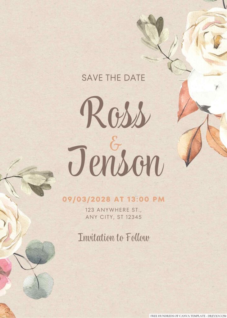 Free Editable Rustic Autumn Flower Watercolor Wedding Invitation