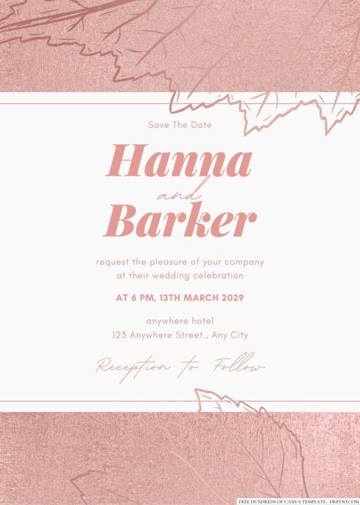 Free Editable Leaves Illustration Rose Gold Wedding Invitation