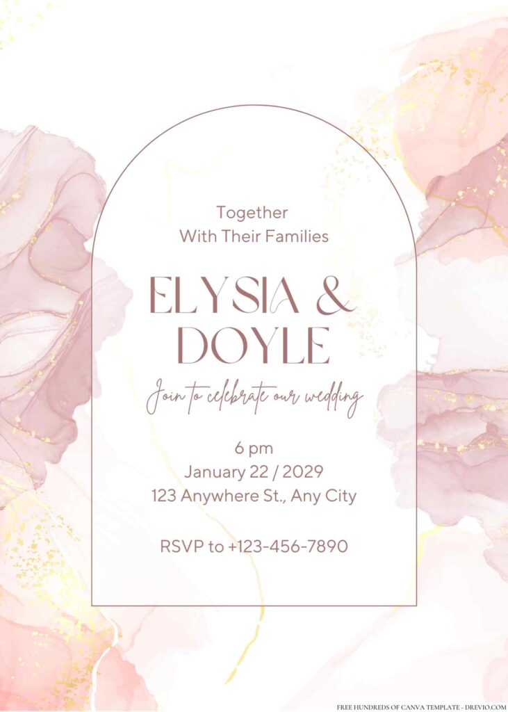 Free Editable Rose Gold Pink Alcohol Ink Wedding Invitation
