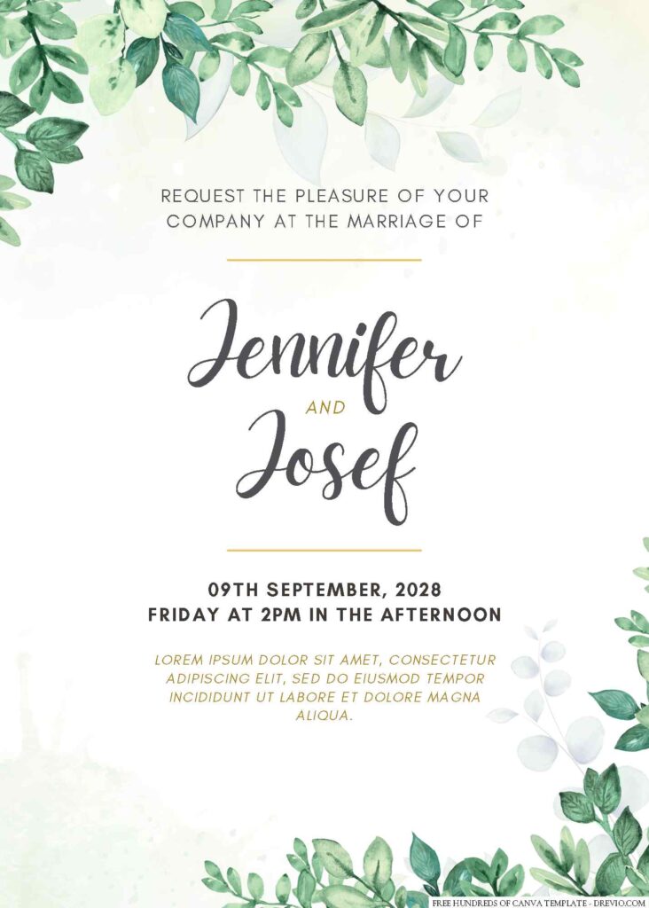 Free Editable Minimalist Greenery Floral Watercolor Wedding Invitation