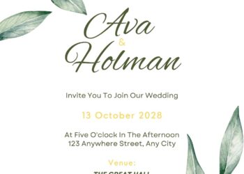 Free Editable Minimalist Greenery Pastel Leaves Wedding Invitation