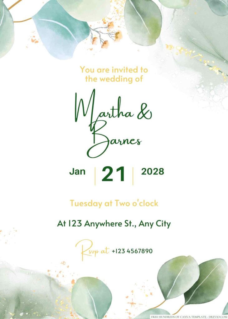 Free Editable Minimalist Greenery Dark Leaves Wedding Invitation