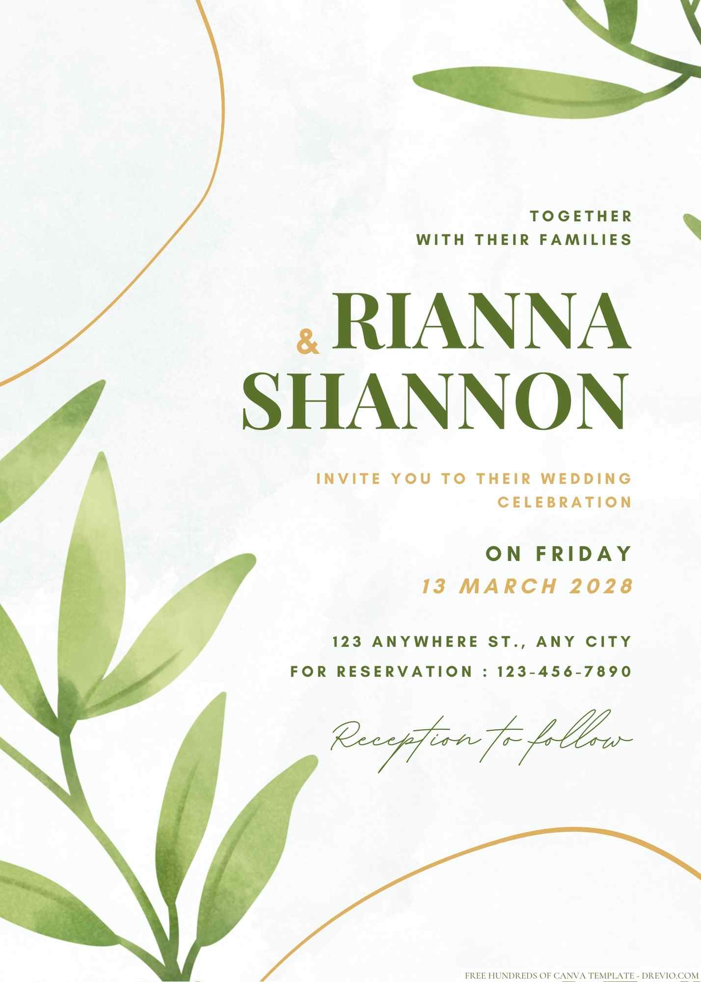 20+ Minimalist Green Leaves Watercolor Canva Wedding Invitation Templates