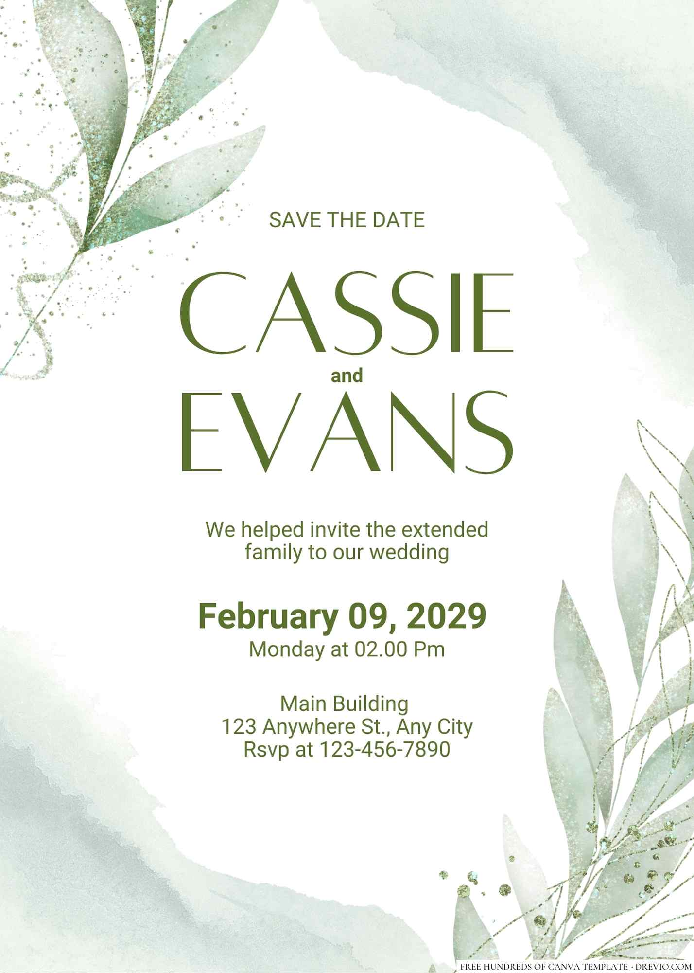 20+ Minimalist Green Watercolor Leaves Canva Wedding Invitation Templates