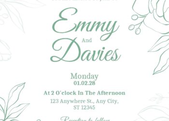 Free Editable Minimalist Green Handdrawn Floral Wedding Invitation