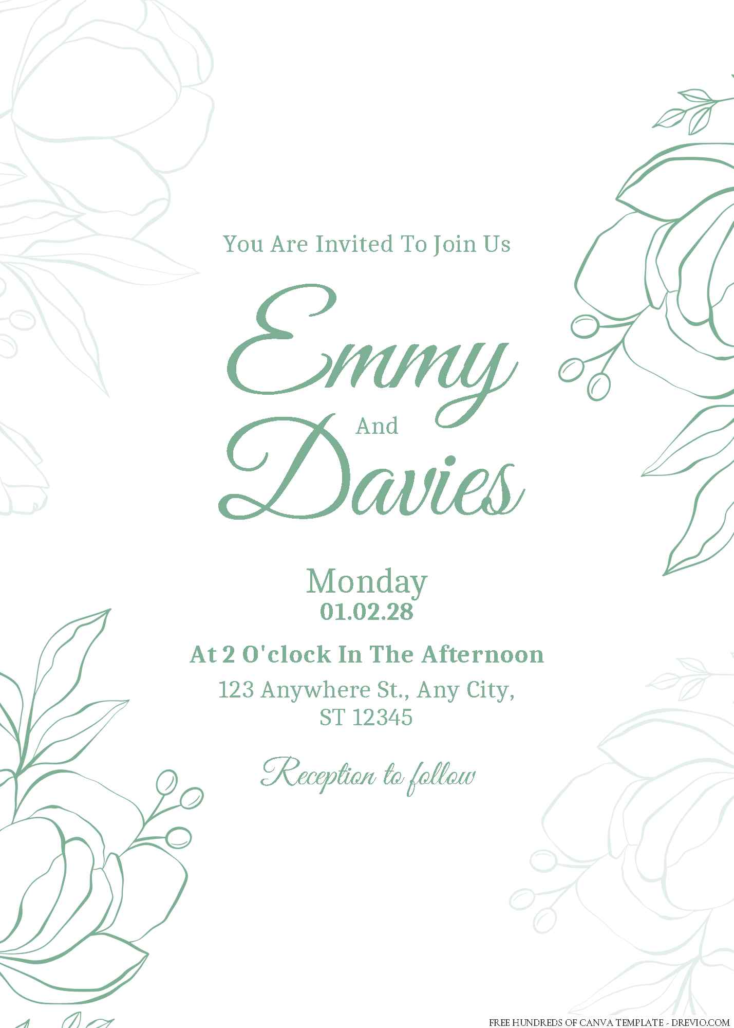 22+ Minimalist Green Handdrawn Floral Canva Wedding Invitation Templates