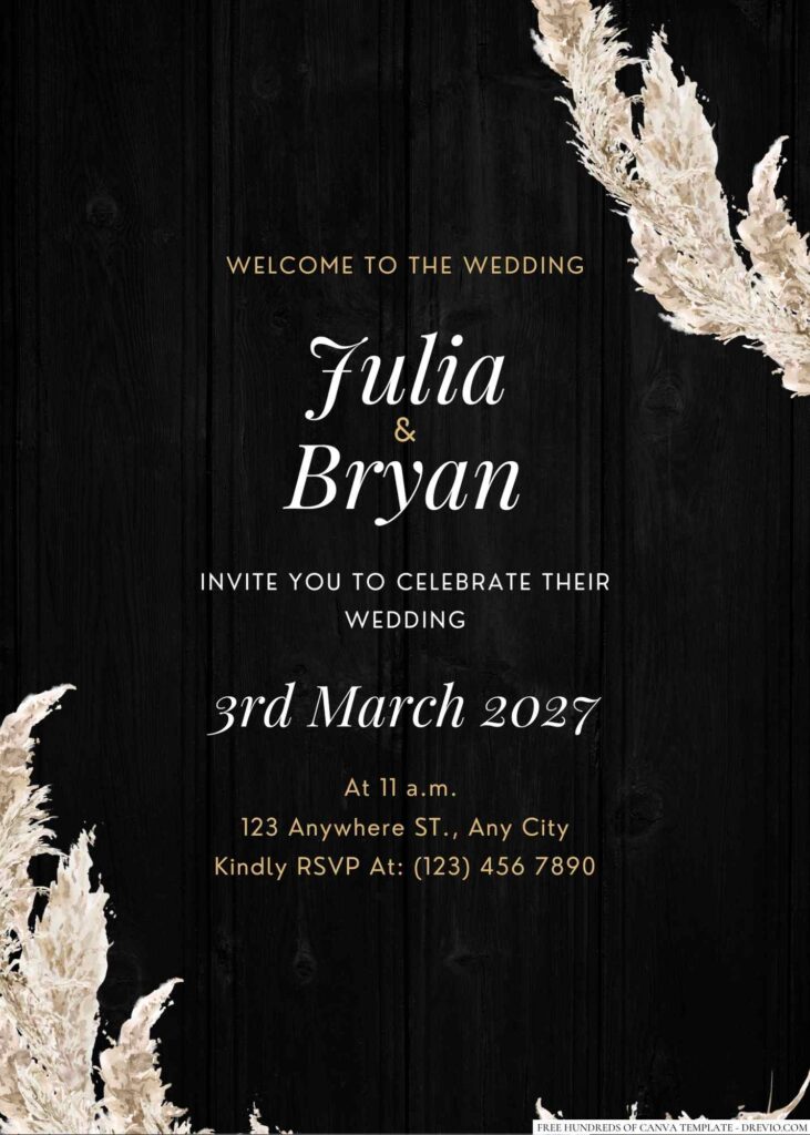 Free Editable Wood Watercolor Pampass Grass Floral Wedding Invitation