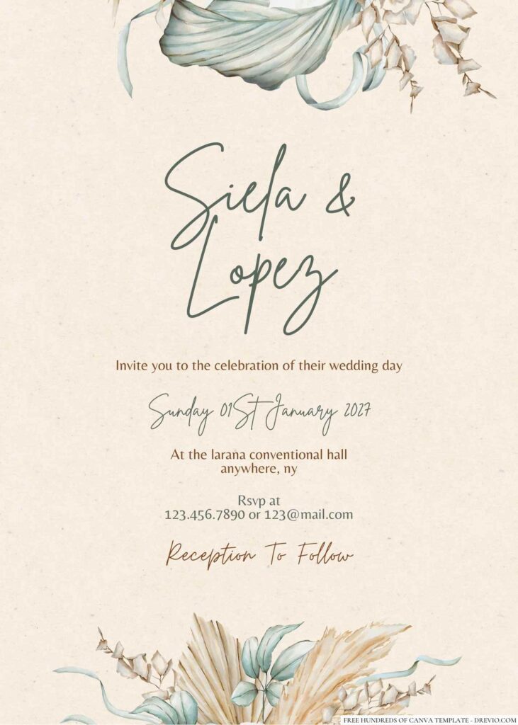 Free Editable Rustic Dried Tropical Green Wedding Invitation