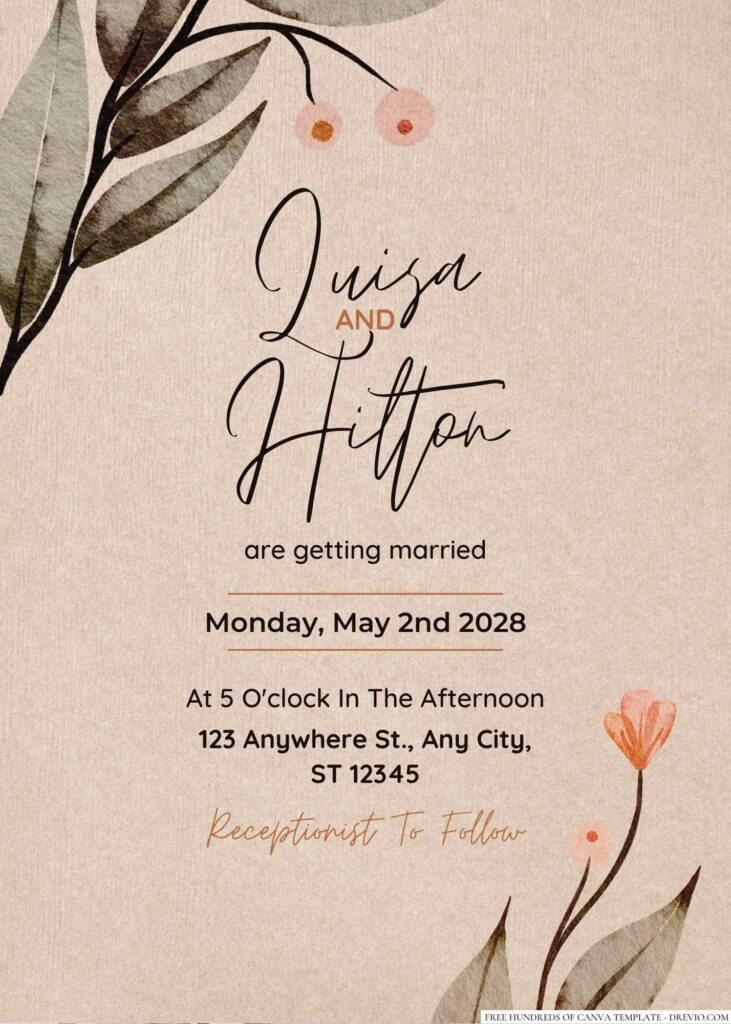 Free Editable Rustic Watercolor Green Dried Leaves Wedding Invitation