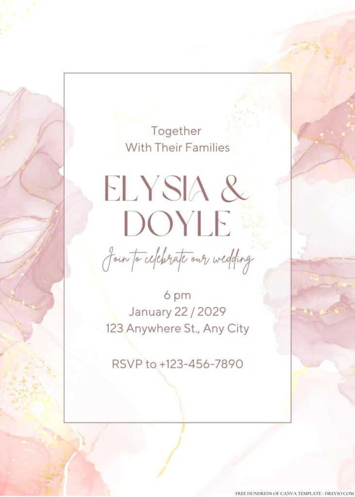 Free Editable Rose Gold Pink Alcohol Ink Wedding Invitation