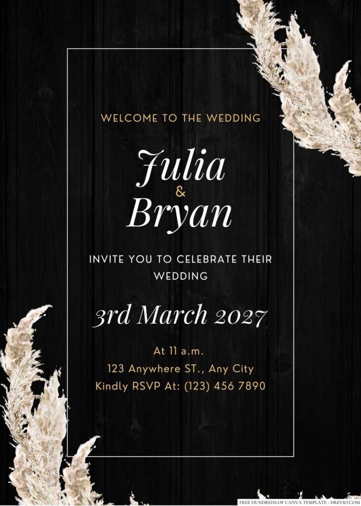 Free Editable Wood Watercolor Pampass Grass Floral Wedding Invitation