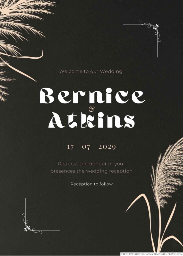 Free Editable Chalkboard Dry Pampas Grass Wedding Invitation