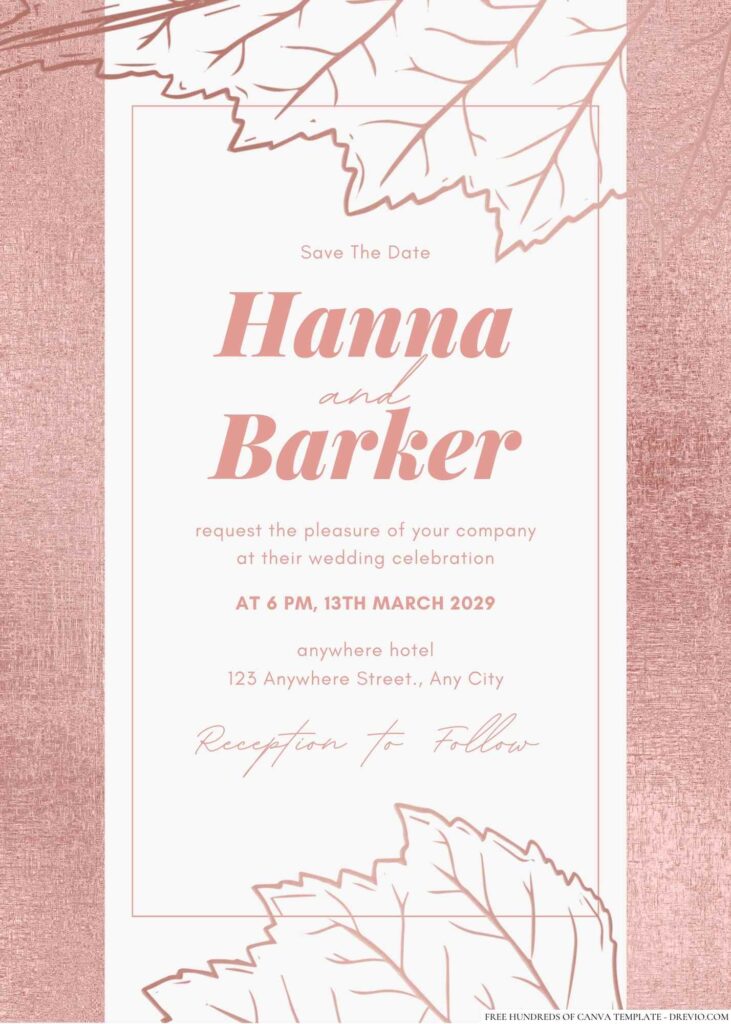 Free Editable Leaves Illustration Rose Gold Wedding Invitation