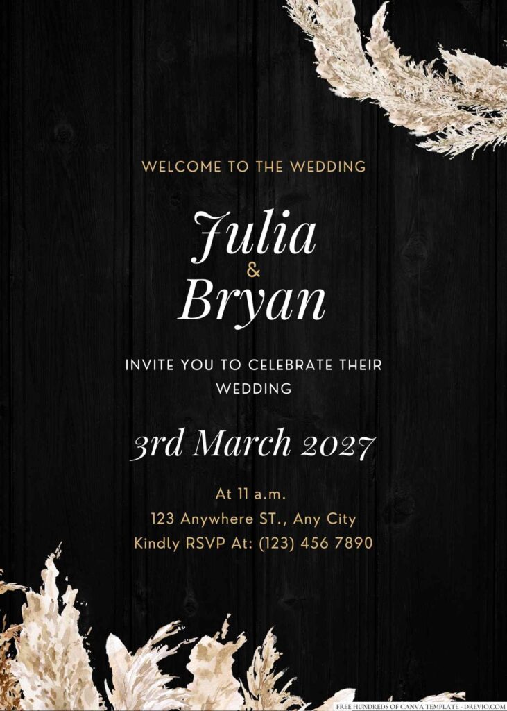 Free Editable Wood Watercolor Pampass Grass Floral Wedding Invitation