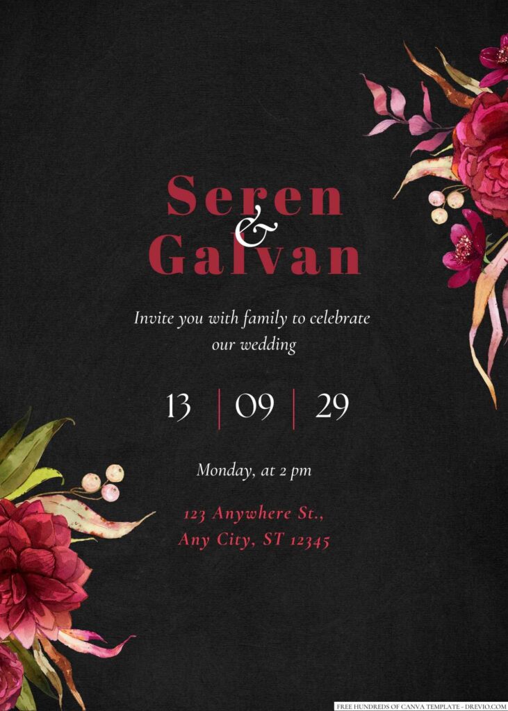 Free Editable Chalkboard Watercolor Burgundy Floral Wedding Invitation