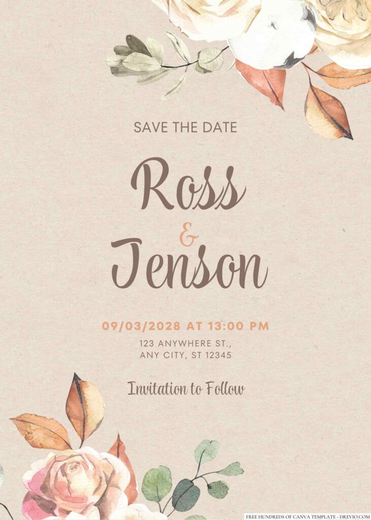 Free Editable Rustic Autumn Flower Watercolor Wedding Invitation 