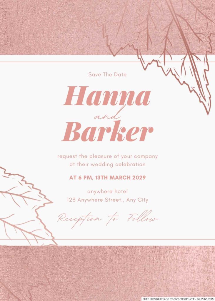 Free Editable Leaves Illustration Rose Gold Wedding Invitation