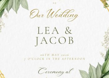 Free Editable Minimalist Greenery Leaves Gold Line Wedding Invitation