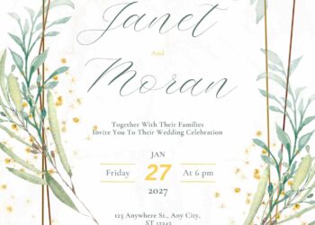 Minimalist Greenery Gold Glitter Canva Wedding Invitation Templates