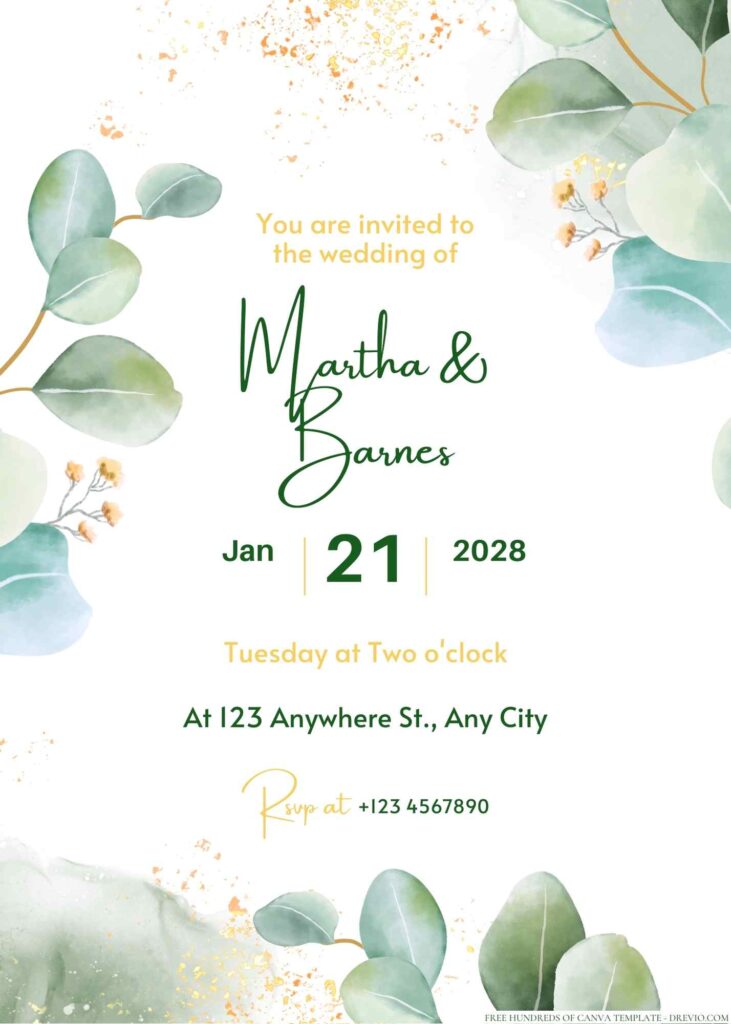 Free Editable Minimalist Greenery Dark Leaves Wedding Invitation